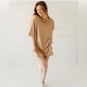 Sweet Genesis Tan 2-Piece Set Oversized Short Sleeve T-Shirt & Biker Shorts